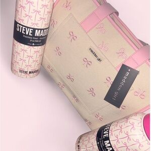 Steve Madden large size Pink and Cream Bow Tote with travel cup